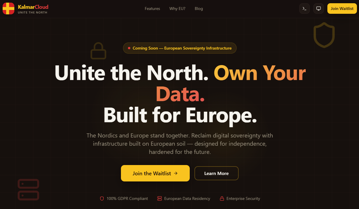 KalmarCloud website: Unite the North. Own Your Data. Built for Europe.